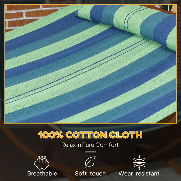 Outdoor Hammock with Stand, Garden Hammock with Triple-Head Eucalyptus Wood Arc Frame, 1 Person Cotton Bed and Head Pillow, Freestanding Garden Swing Bed for Patio, Blue Stripe