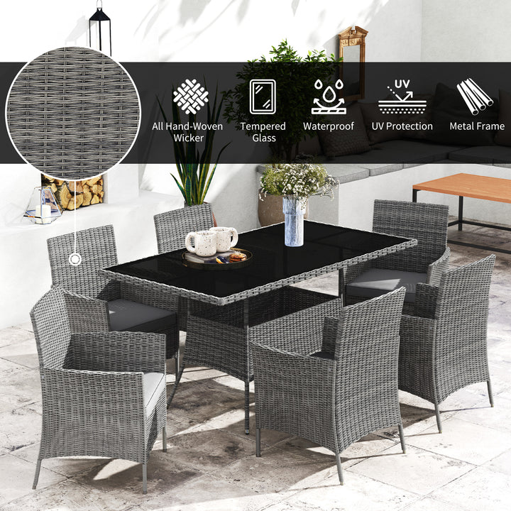 7-Piece Rattan Garden Furniture Set with Cushions, 6 Seater Garden Table and Chairs, Rattan Dining Set with 6 Armchairs, Rectangular Glass Top Table, Charcoal Grey