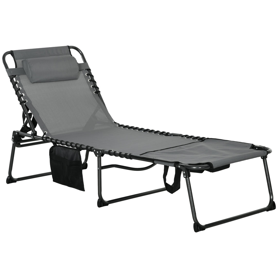 Folding Sun Lounge with 5-level Reclining Back, Outdoor Tanning Chair with Reading Hole, Outdoor Sun Lounge with Side Pocket, Headrest, for Beach, Yard, Patio, Grey