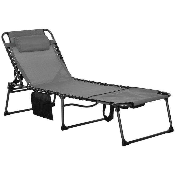 Folding Sun Lounge with 5-level Reclining Back, Outdoor Tanning Chair with Reading Hole, Outdoor Sun Lounge with Side Pocket, Headrest, for Beach, Yard, Patio, Grey