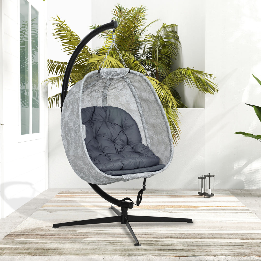 Hanging Egg Chair Outdoor Indoor Garden Swing Chair with Folding Basket, Garden Hanging Chair with Stand, Thickened Cushion, Cup Holder for Patio, Balcony, Grey