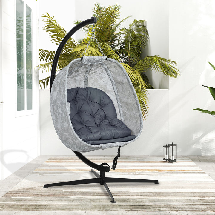 Hanging Egg Chair Outdoor Indoor Garden Swing Chair with Folding Basket, Garden Hanging Chair with Stand, Thickened Cushion, Cup Holder for Patio, Balcony, Grey