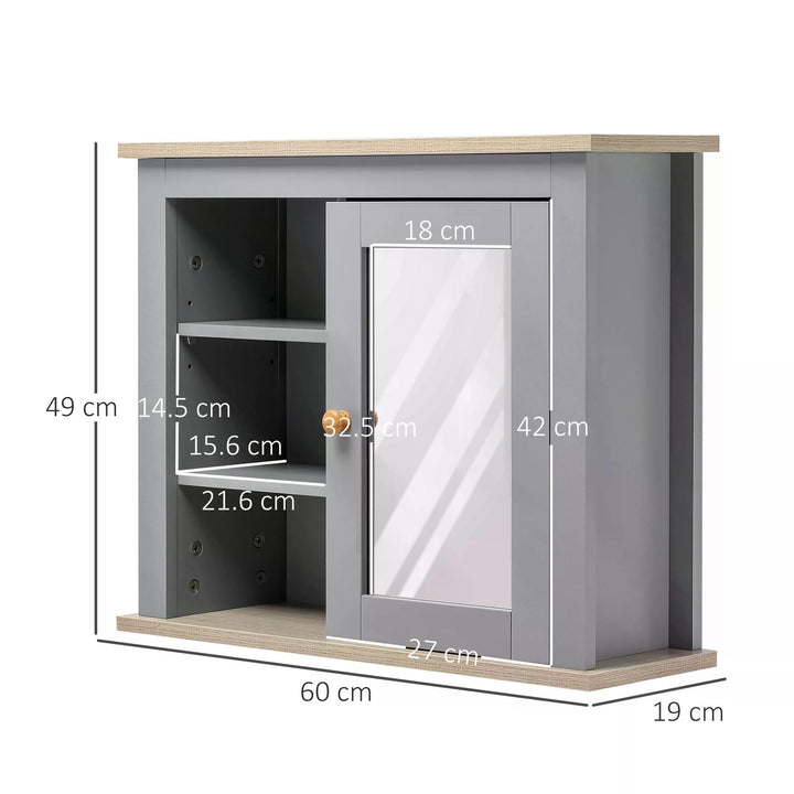 Kleankin Wall-Mounted Mirror Cabinet: Bathroom Storage with Door, Adjustable Shelf, Ideal for Hallways & Living Areas, Grey | Aosom UK