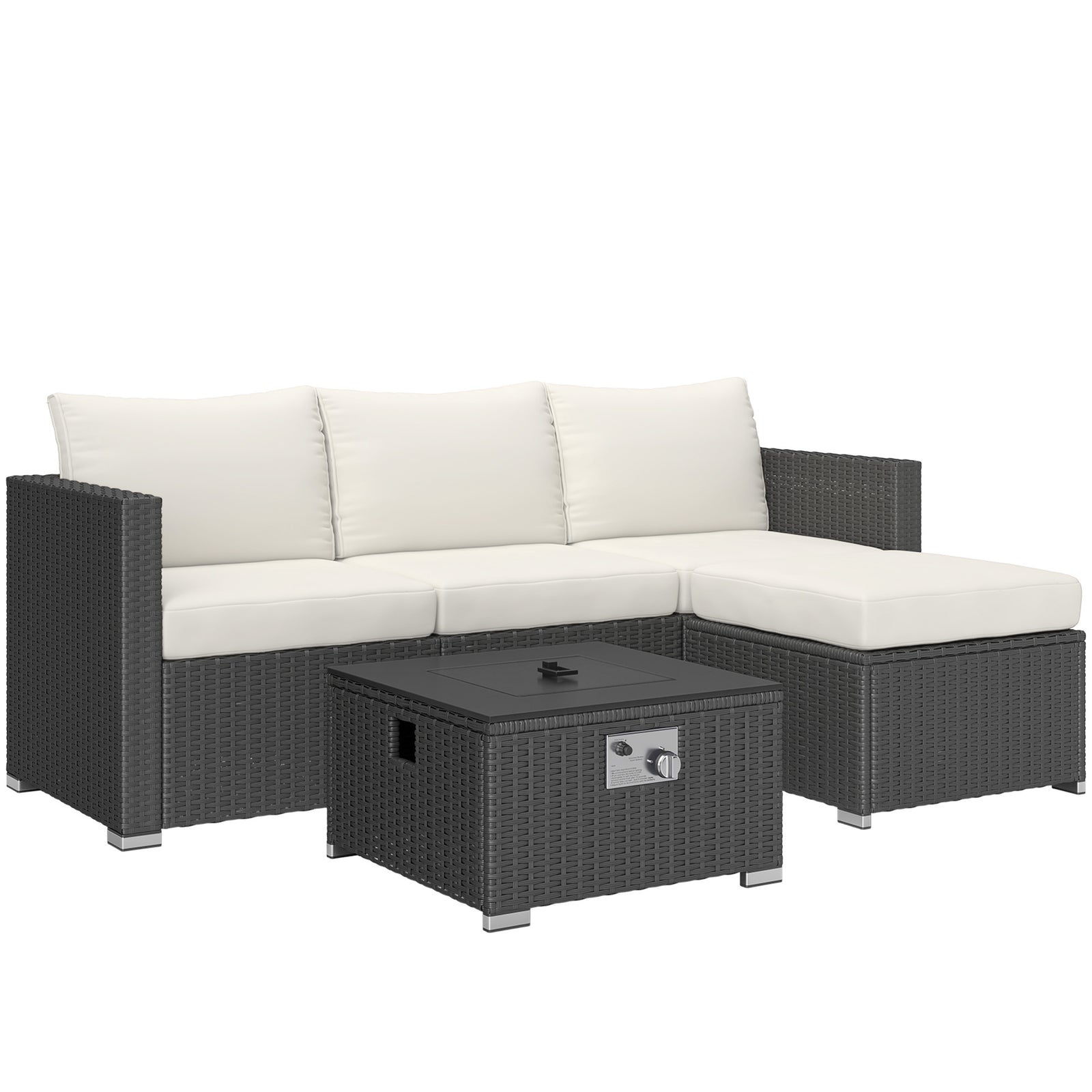 Five Piece Rattan Garden Furniture Set with Gas Fire Pit Table and Footstool - Black and Cream White