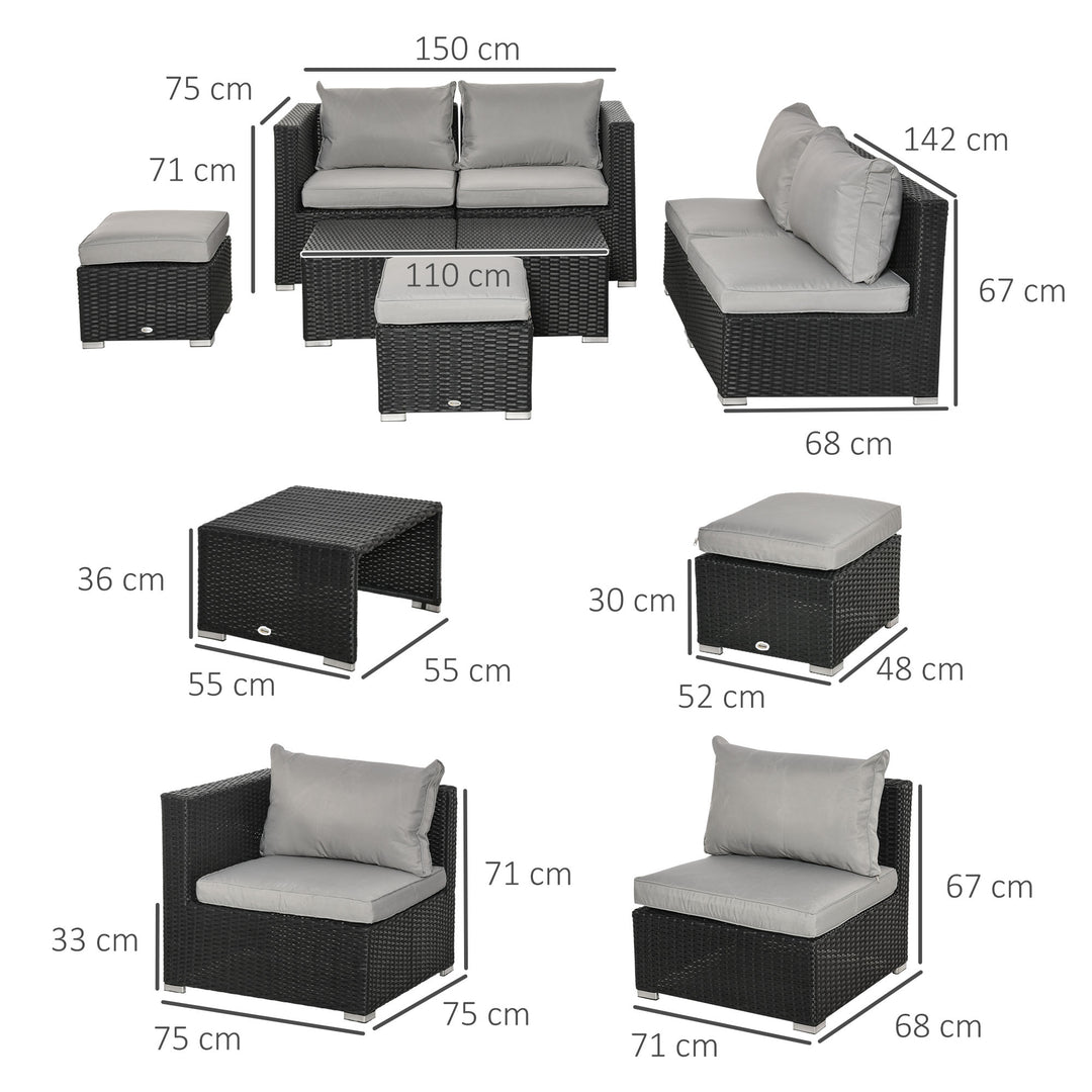 8 Pieces PE Rattan Sofa Set with Cushions, Garden Corner Sofa with 4 Seater Sofa, 2 Footstools and 2 Coffee Table Set, Space-saving Design, No Assembly Required, Black