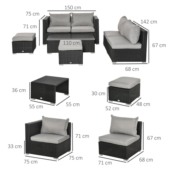8 Pieces PE Rattan Sofa Set with Cushions, Garden Corner Sofa with 4 Seater Sofa, 2 Footstools and 2 Coffee Table Set, Space-saving Design, No Assembly Required, Black