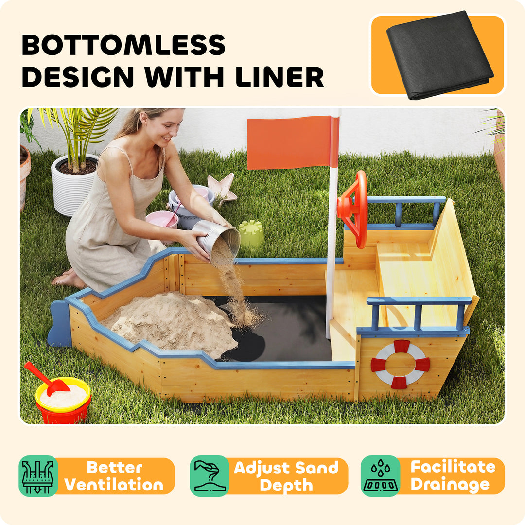 Kids Sand Pit, Children Pirate Ship Sandbox with Bench, Bottom Liner, 