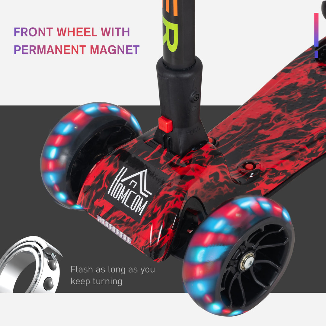 HOMCOM Kids 3 Wheel Kick Scooter Adjustable Height w/ Flashing Wheels Music Water Spray Foldable Design Cool On Off Road Vehicle Red