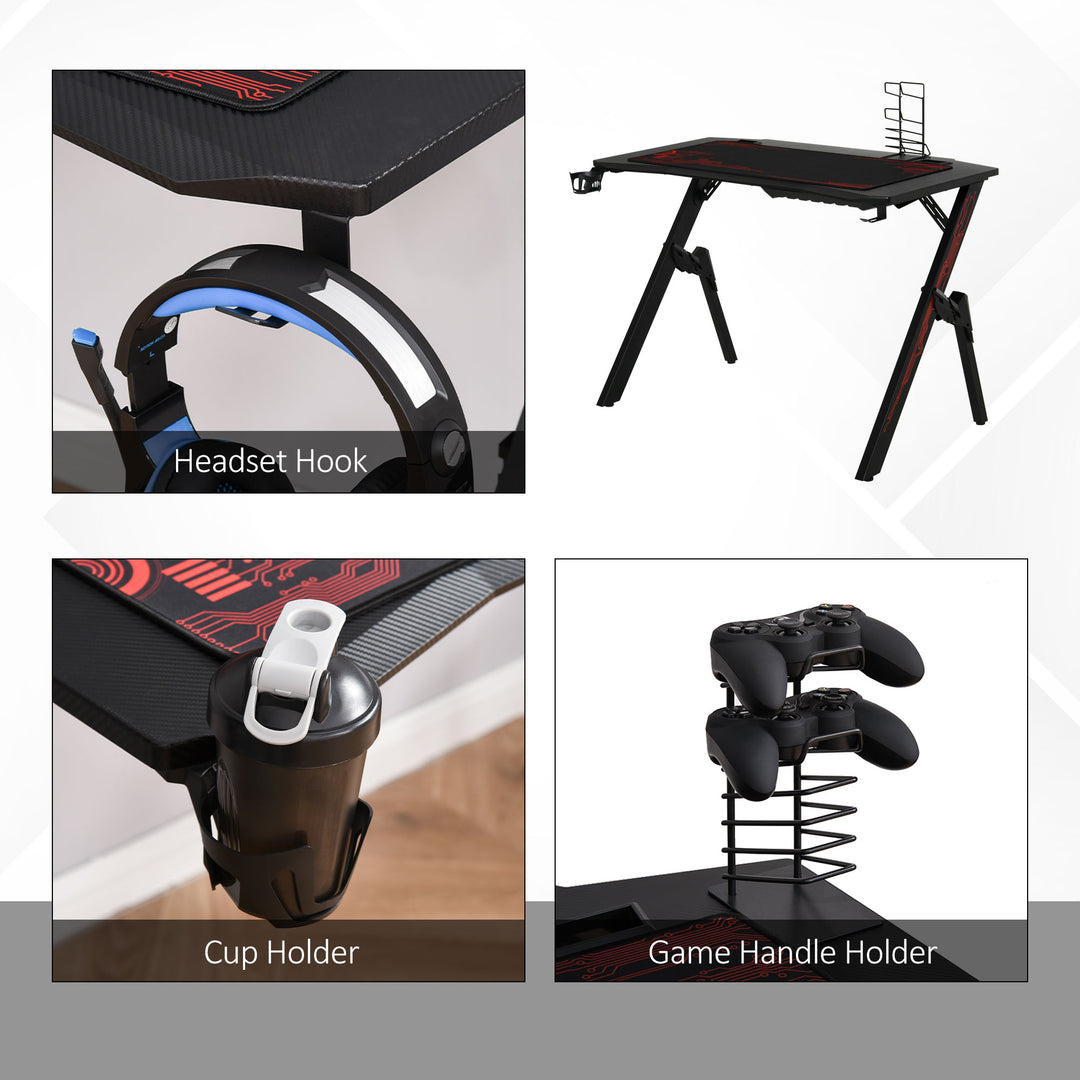 HOMCOM Gaming Desk, Racing Style Computer Table with Game Handle Holder, Cupholder, Headset Hook and Spider Leg for Study Workstation, Black