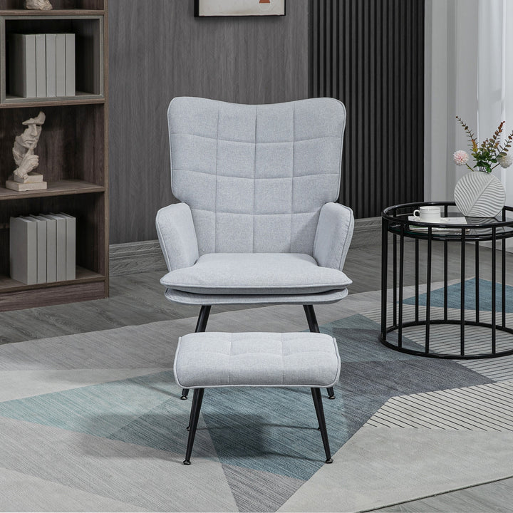 HOMCOM Armchair with Footstool, Living Room Chair, Linen Accent Chair for Bedroom, Home Study, Light Grey