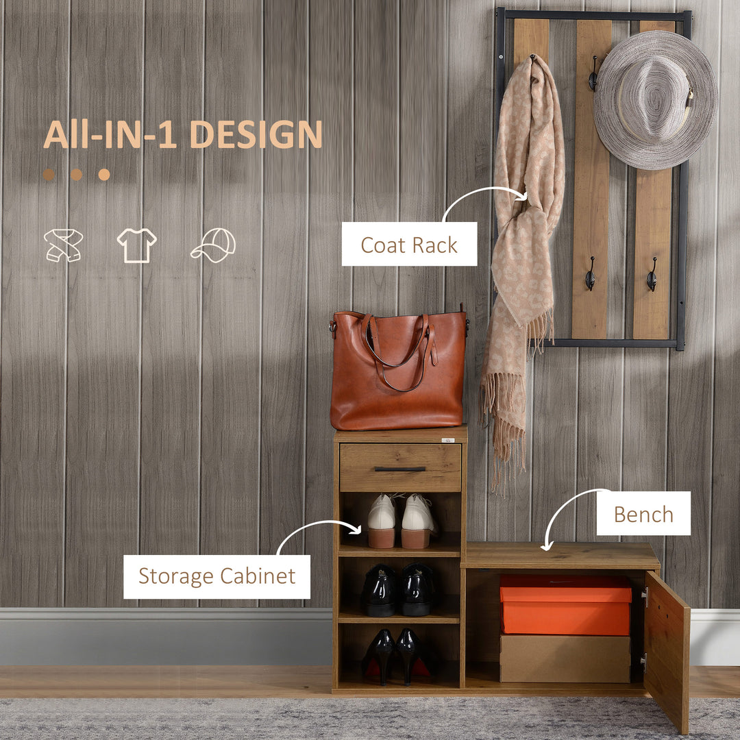HOMCOM Coat Rack with Shoe Bench Set, Hall Tree, Hallway Set with 6 Hooks, Drawer and Storage Cabinet, Black and Natural