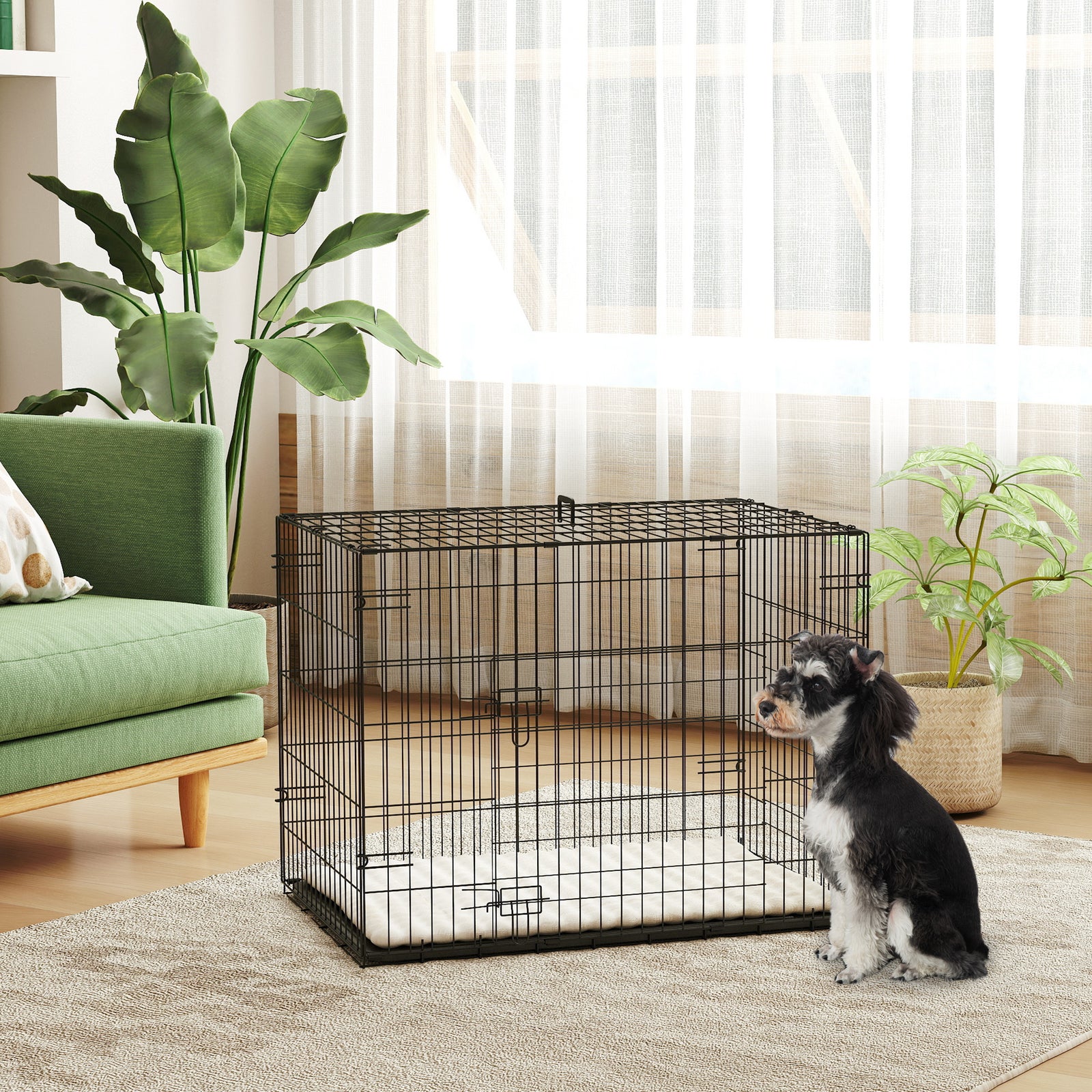 Foldable Dog Crate with 2 Doors with Tray, Soft Cushion, for Small Dogs, 76 x 53 x 60, Black
