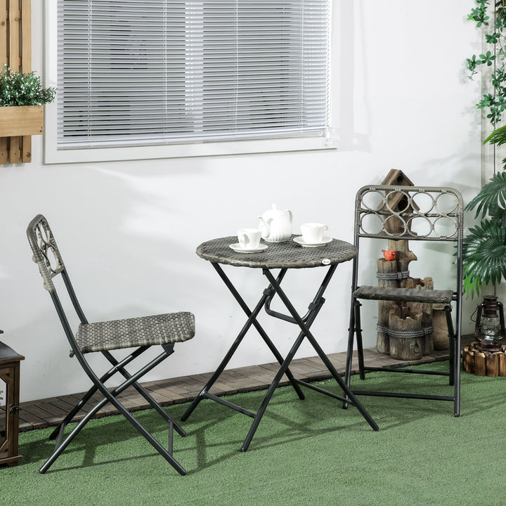 Outsunny Rattan Bistro Set 3 PCS with Folding Chairs and Table, Handwoven Coffee Set for Garden, Balcony & Poolside, Grey