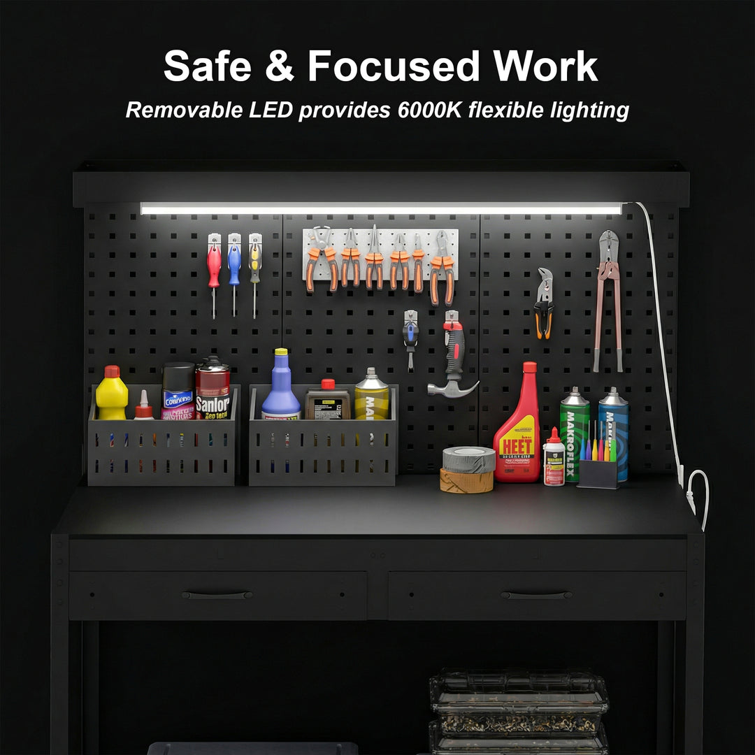 110 cm Workbench with Pegboard, Heavy Duty Work Table with Power Strip