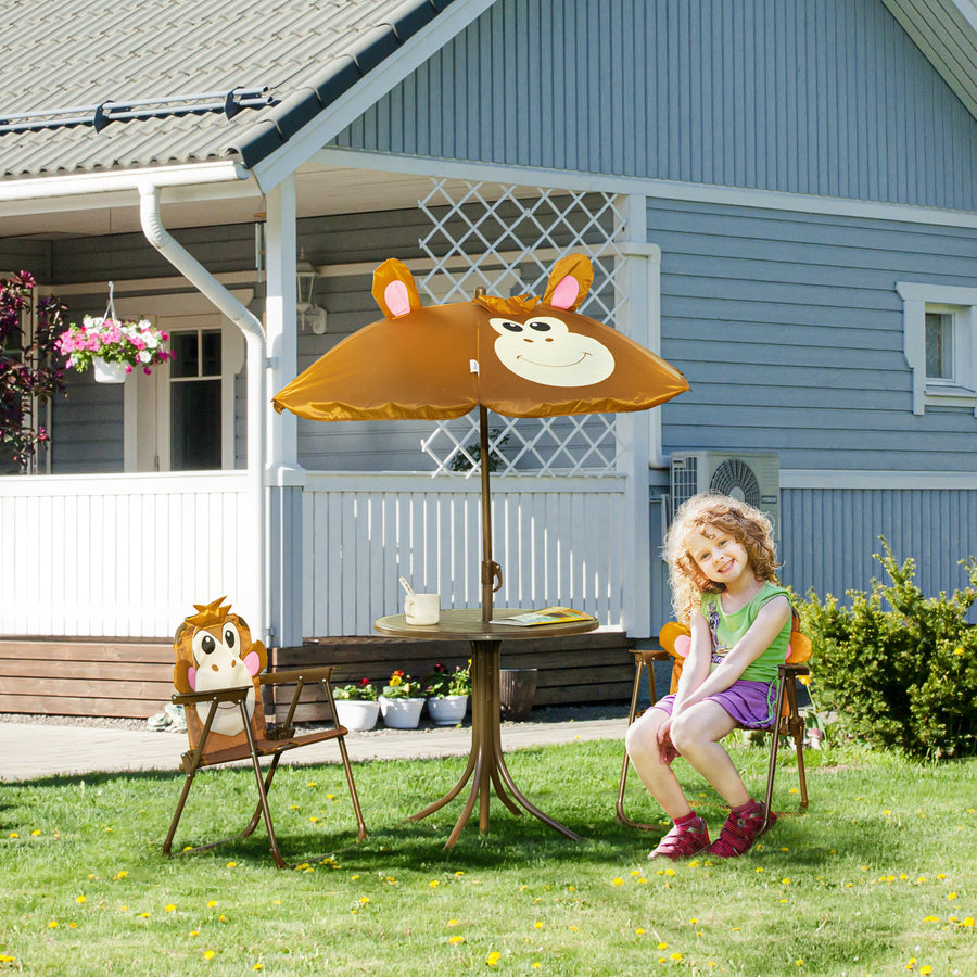 Kids Bistro Table and Chair Set, Outdoor Folding Garden Furniture w/Monkey Design, Removable, Adjustable Sun Umbrella, Ages 3-6 Years - Brown