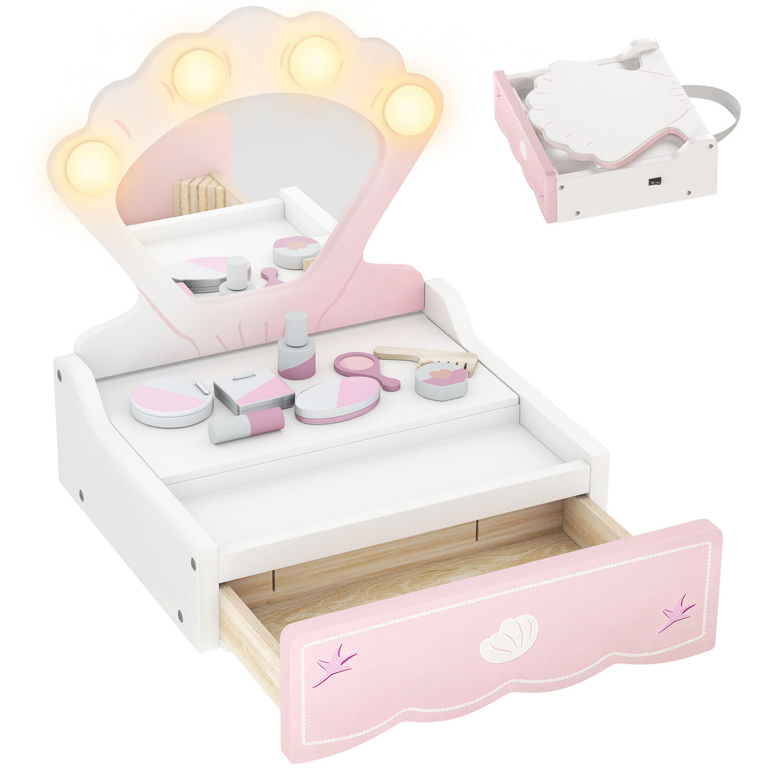 Kids Vanity Table, Portable Girls Dressing Table with Lights, Mirror, 