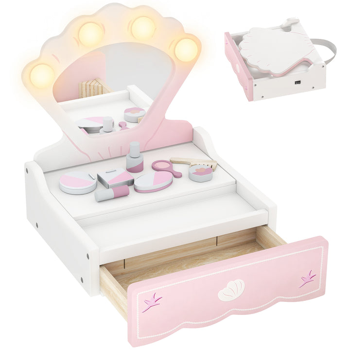 Kids Vanity Table, Portable Girls Dressing Table with Lights, Mirror, 