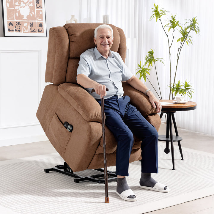 MCL Power Lift Recliner Chair with Massage, Overstuffed Lift Chair for Elderly with Footrest, Remote and Side Pocket, Brown