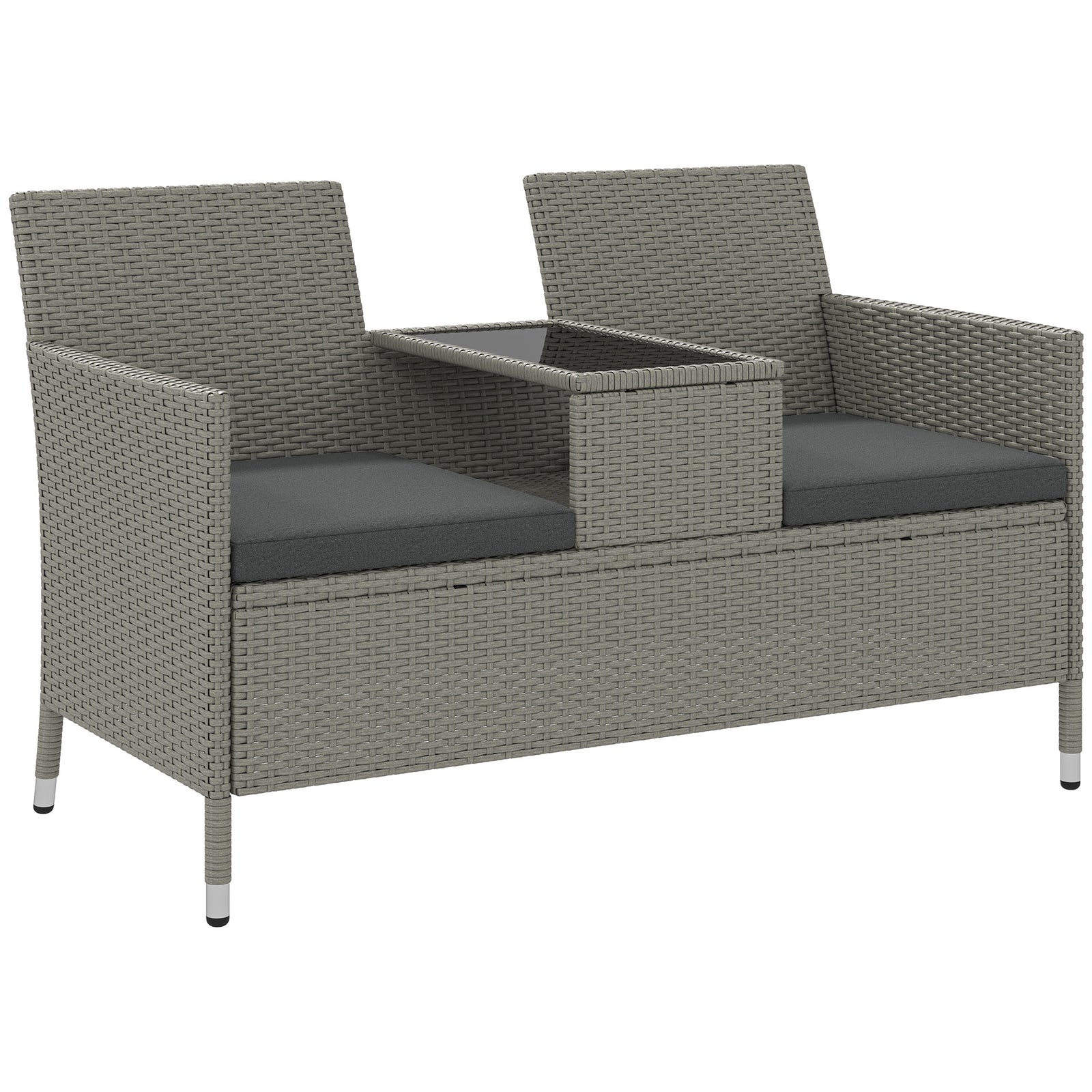2-Seater PE Rattan Outdoor Garden Bench w/ Centre Table Grey