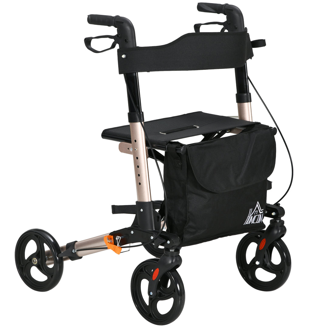 4 Wheel Rollator with Seat and Back, Folding Mobility Walker with Carry Bag, Adjustable Height, Dual Brakes, Cane Holder, Lightweight Aluminium Walking Frame for Seniors and Disabled, Gold Tone