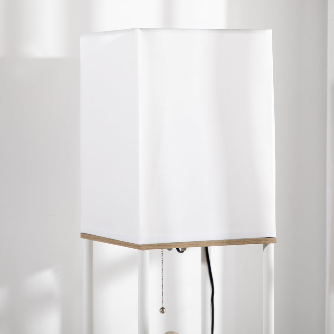 Modern Floor Lamp with Shelves, 3 Layer Shelf Tall Standing Lamp with Fabric Lampshade, Pull Chain Switch for Living Room, Bedroom, Bulb not Included, White