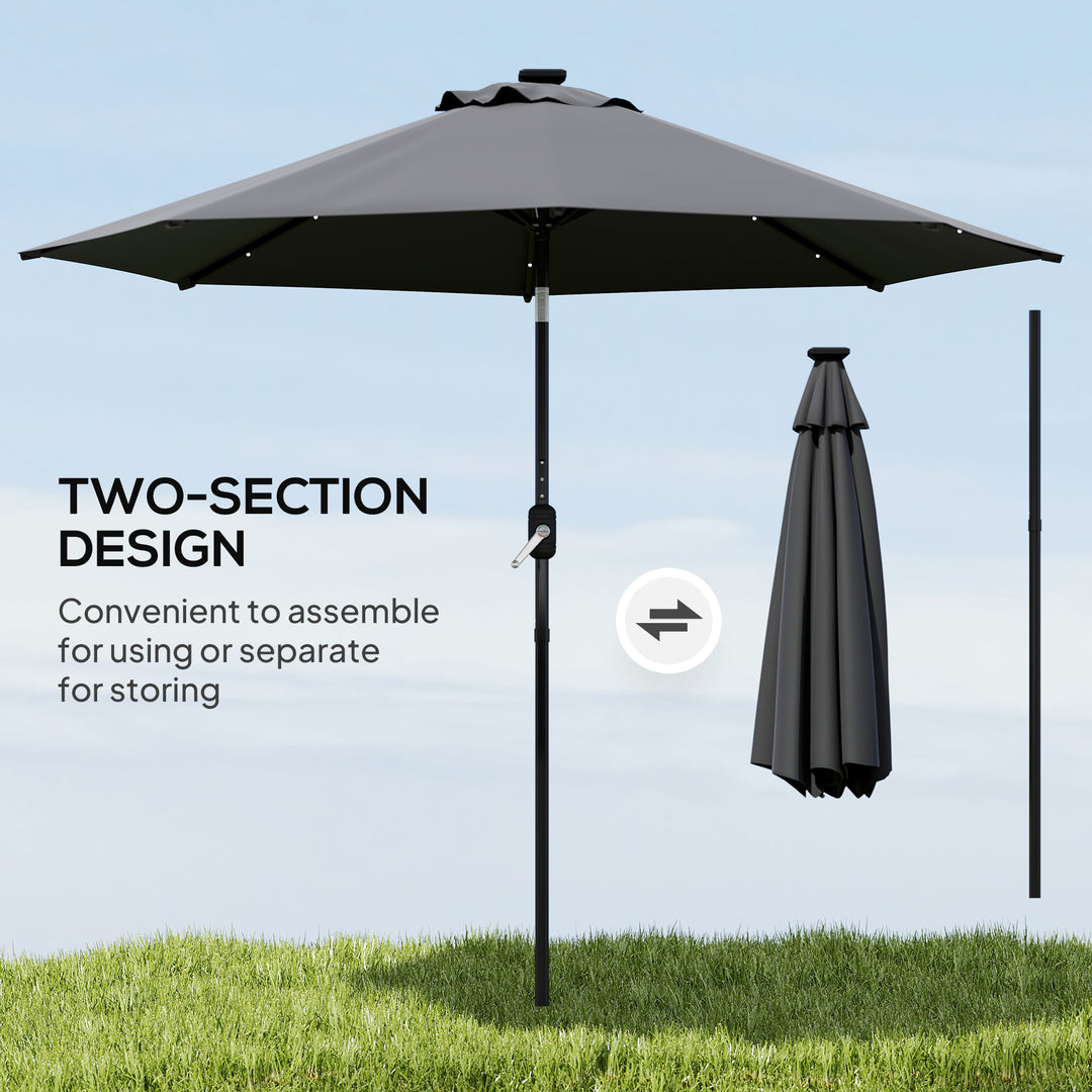 Φ2.7m Garden Parasol Solar Outdoor Tilt Sun Umbrella Patio Sun Shade w/ 24 LED Light, Hand Crank and 8 Ribs, Black