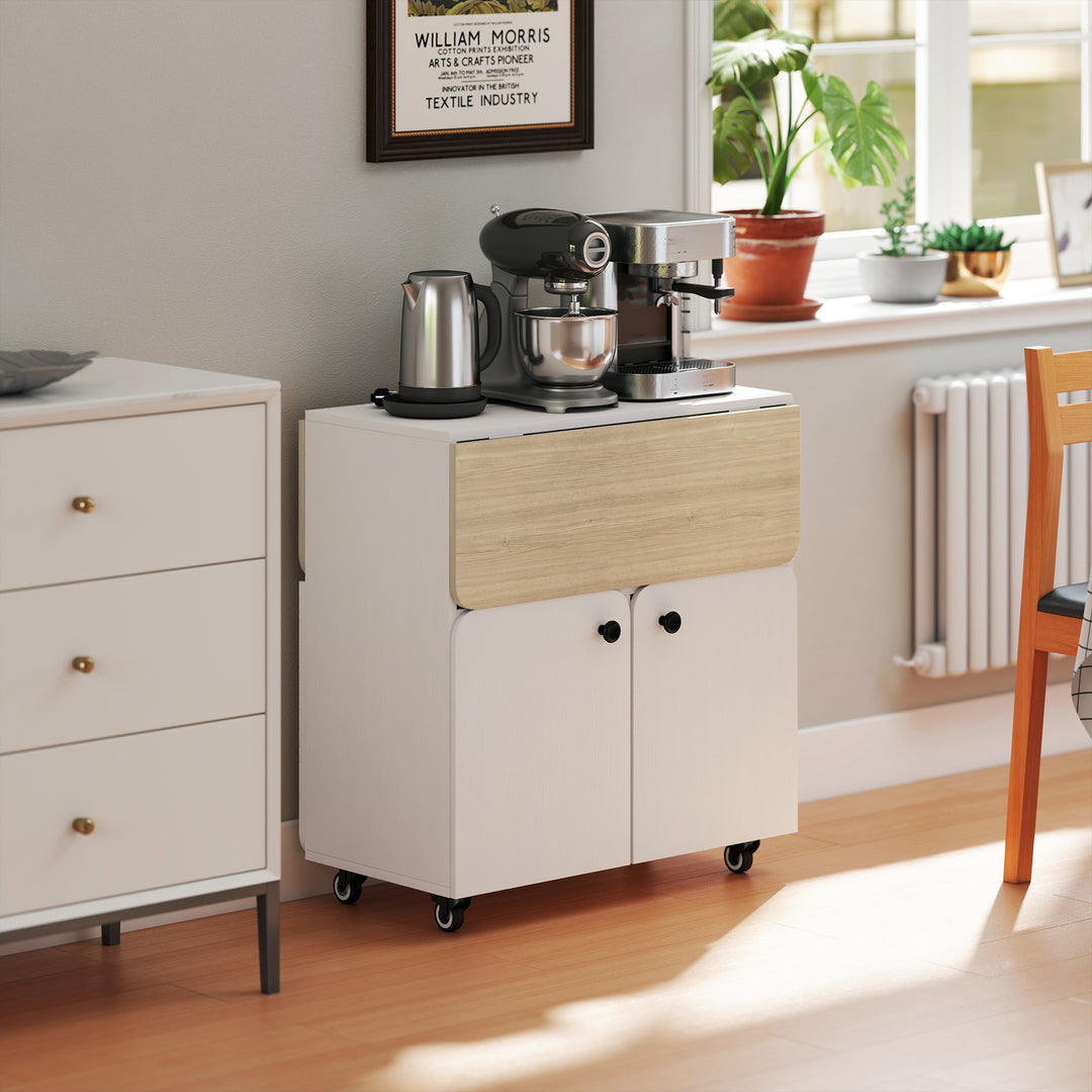 Folding Dining Table, Rolling Drop Leaf Table with Hidden Shelf &amp; Cabi