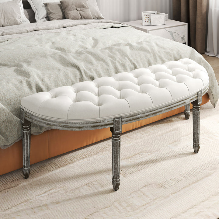 MCL Half-Circle End Bench Ottoman Footstool Tufting Padded Seat Brushed Wood Base Antique Accents Home Seat Furniture Cream White and Light Wood Grain Leg
