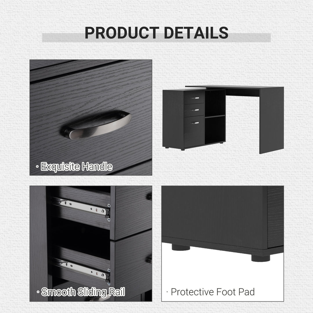 L Shaped Computer Desk, Reversible Home Office Desk with Drawers, File Cabinet and Storage Shelves, Study Table, 117 x 83.5 x 76cm, Black