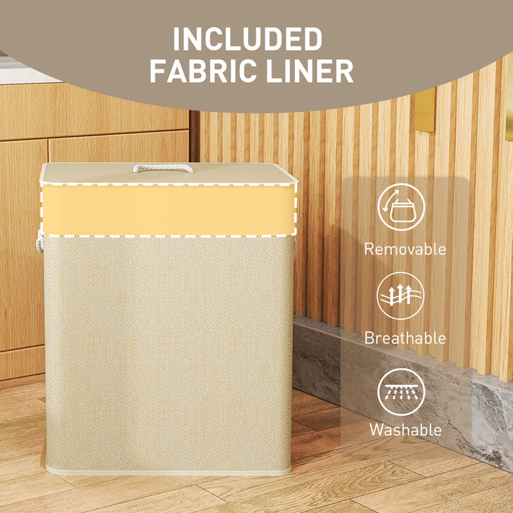 Double Laundry Basket with Lid, 100L Bamboo Laundry Hamper with Rope Handles, Washing Basket with Removable Liner for Bathroom, Bedroom, Cream White