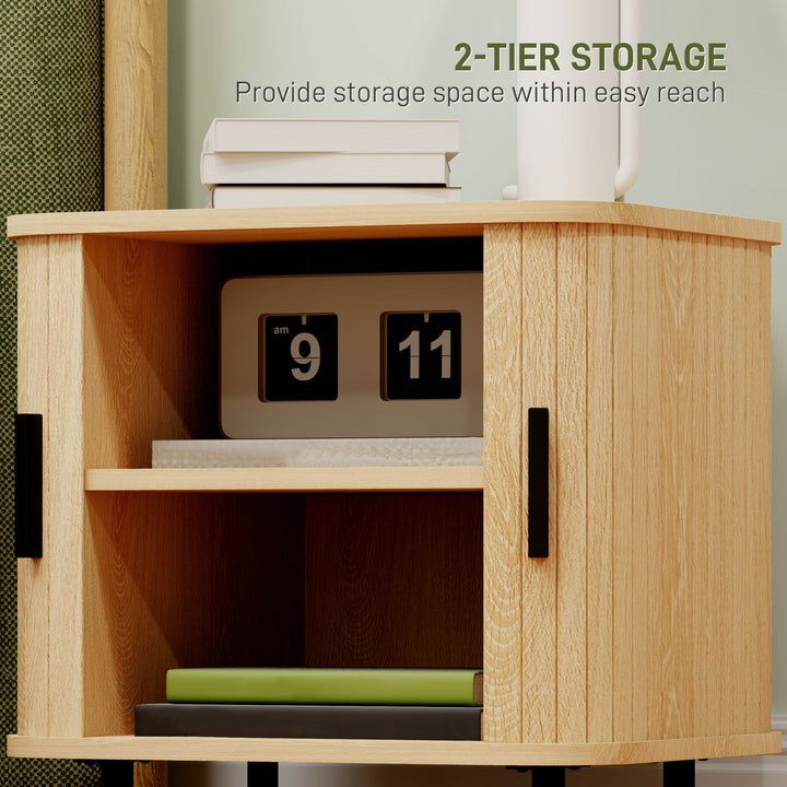 Bedside Table, Nordic Side Table with Roller Shutter Style Sliding Doors and Metal Legs for Bedroom, Living Room, Oak Tone