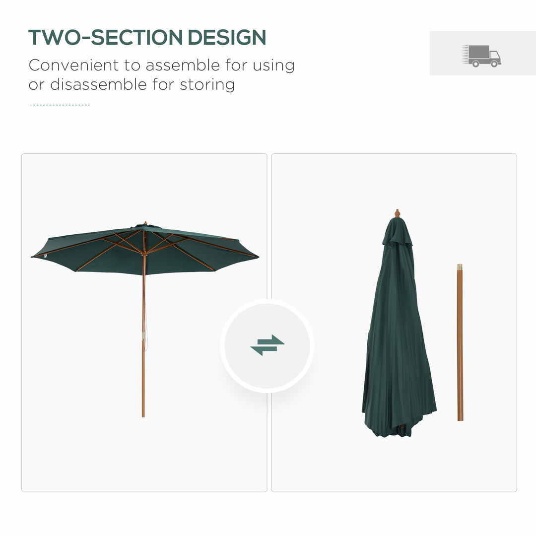 3(m) Wooden Patio Umbrella, Pulley Operated Garden Parasol with Rope Pulley Mechanism and 8 Ribs, Dark Green