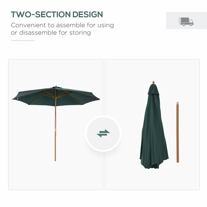 3(m) Wooden Patio Umbrella, Pulley Operated Garden Parasol with Rope Pulley Mechanism and 8 Ribs, Dark Green