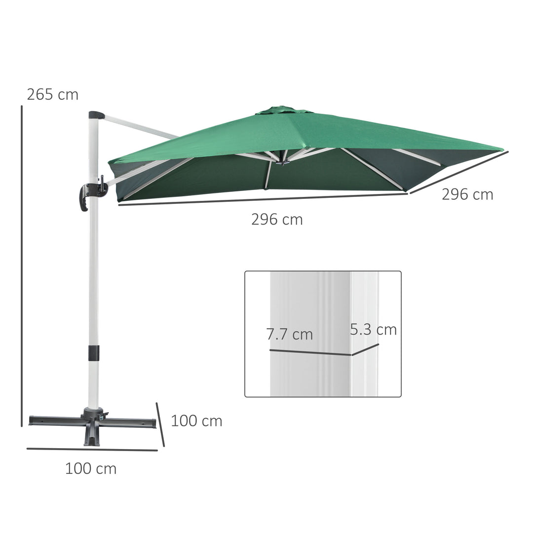 3 x 3(m) Cantilever Roma Parasol, Square Garden Umbrella with Cross Base, Crank Handle, Tilt, 360° Rotation and Aluminium Frame, Green