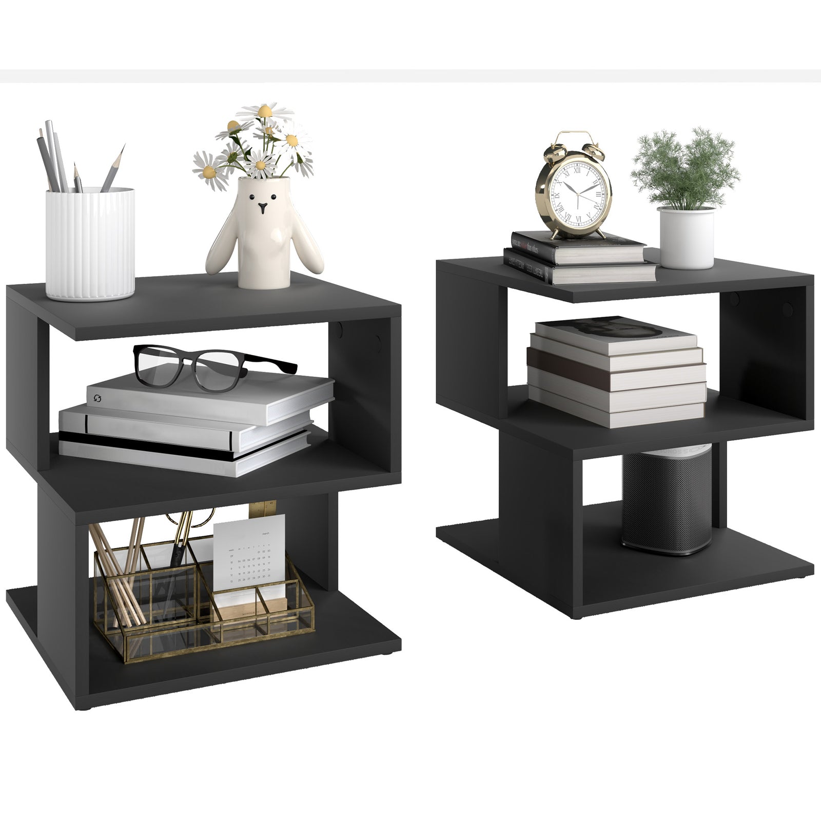Set of 2 Side Table Square Coffee Table, Modern End Table with 2 Tier Storage Shelves for Living Room, Bedroom, Black