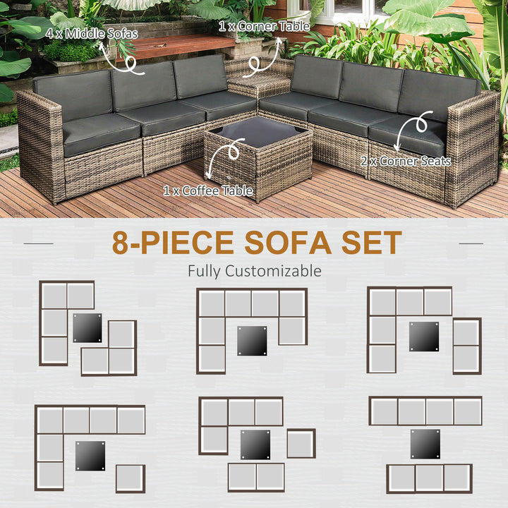 8 Pieces Outdoor PE Rattan Sofa Set with Cushions, Patio Garden Furniture Sets with Glass Top Coffee Table, Storage Corner Table, Mixed Brown