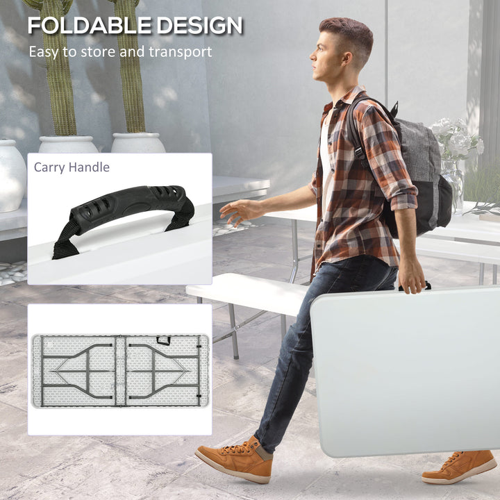 Folding Garden Table, 180 x 75cm Rectangular HDPE Outdoor Picnic Table for 6, Metal Frame for Patio, Park, White