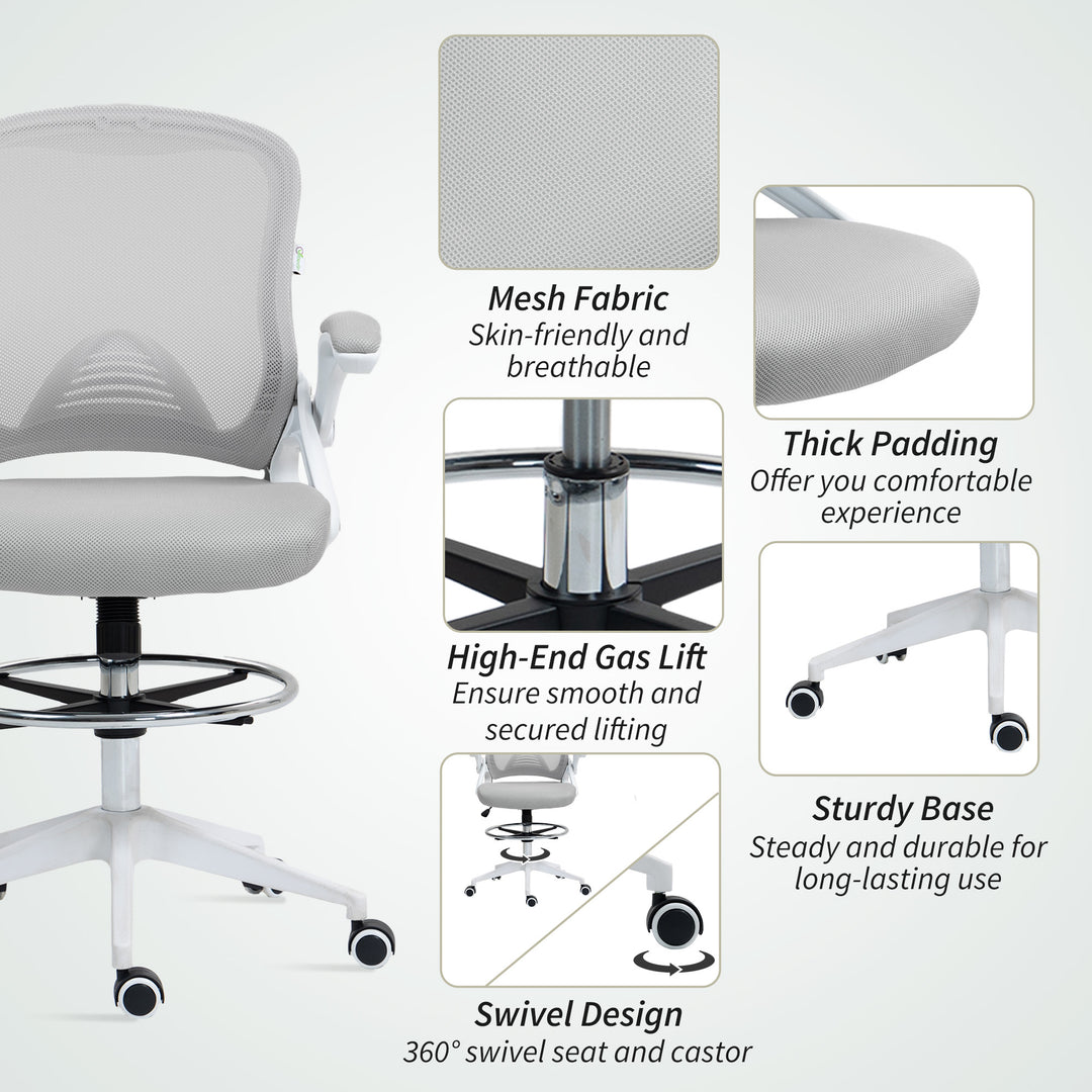 Drafting Chair with Flip-up Armrest, Mesh Office Stool with Foot Ring, 360 Degree Swivel Height Adjustable Chair for Standing Desk, Light Grey