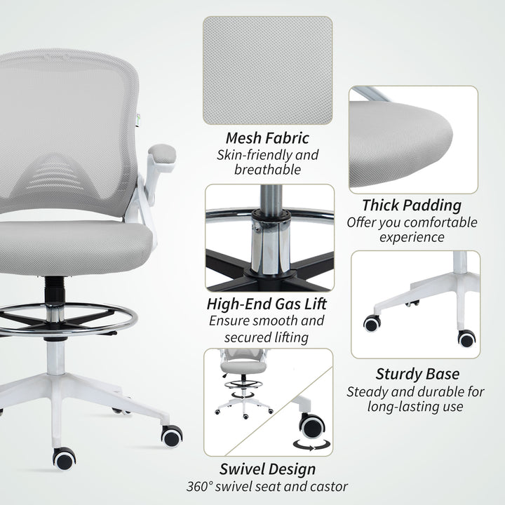 Drafting Chair with Flip-up Armrest, Mesh Office Stool with Foot Ring, 360 Degree Swivel Height Adjustable Chair for Standing Desk, Light Grey