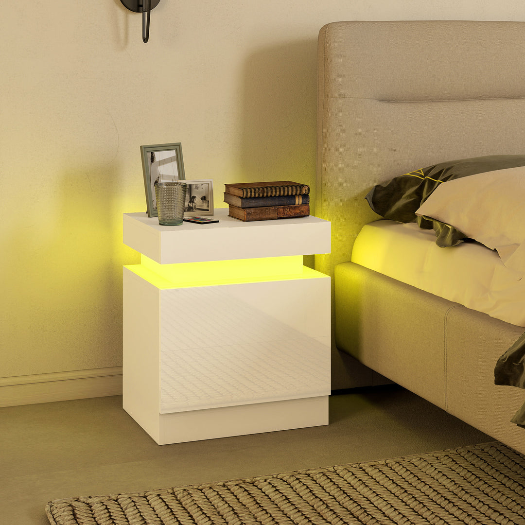White Bedside Table with LED Light, High Gloss Front Nightstand with 2