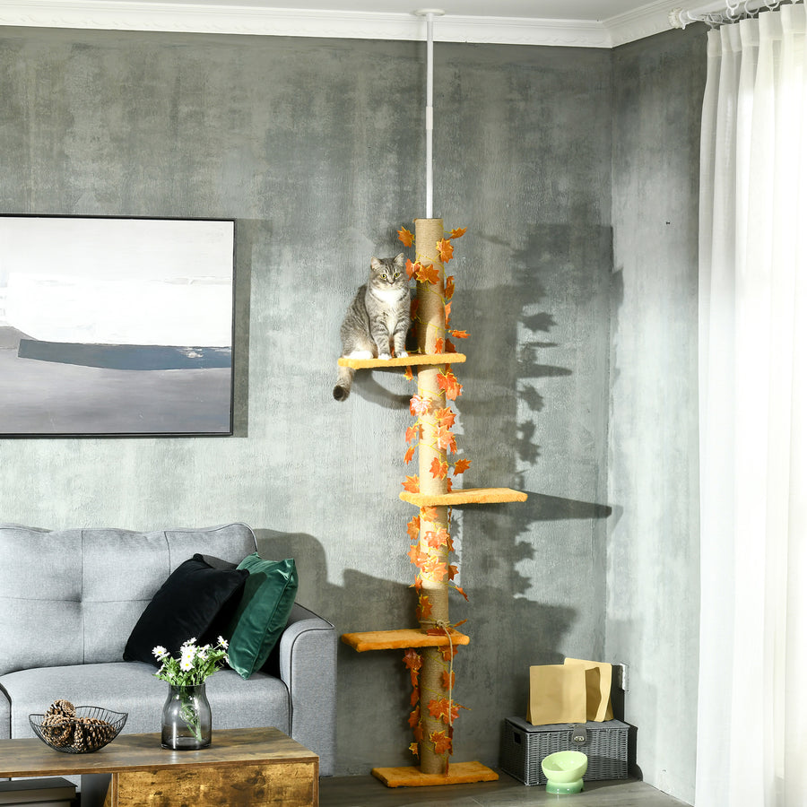 242cm Adjustable Floor-To-Ceiling Cat Tree, with Artificial Decoration, Perches, Anti-Slip Kit - Orange