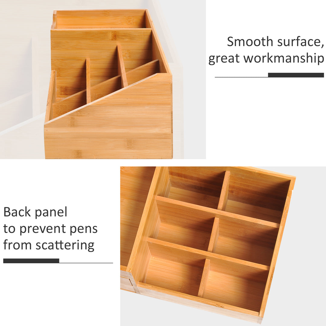 Desk Organiser Holder, Bamboo Multi-Function Storage Caddy with 7 Storage Compartments and 2 Drawers for Home Office Stationary Supplies, Natural Bamboo