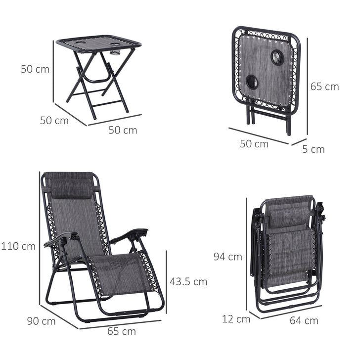 MCL 3pcs Folding Zero Gravity Chairs Sun Lounger Table Set w/ Cup Holders Reclining Garden Yard Pool, Light Grey