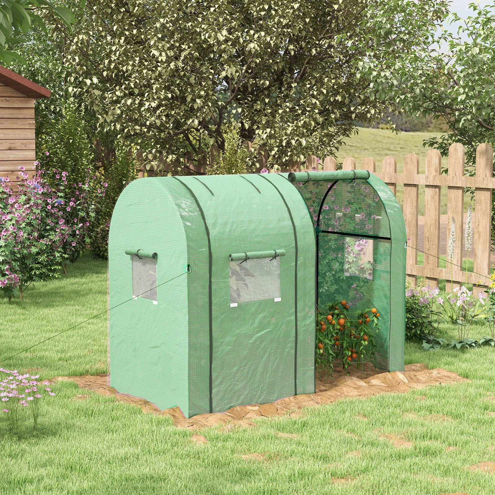 Tomato Greenhouse, Garden Growhouse with 2 Roll-up Doors and 4 Mesh Windows, Portable Indoor Outdoor Green House, 185 x 94 x 150cm, Green