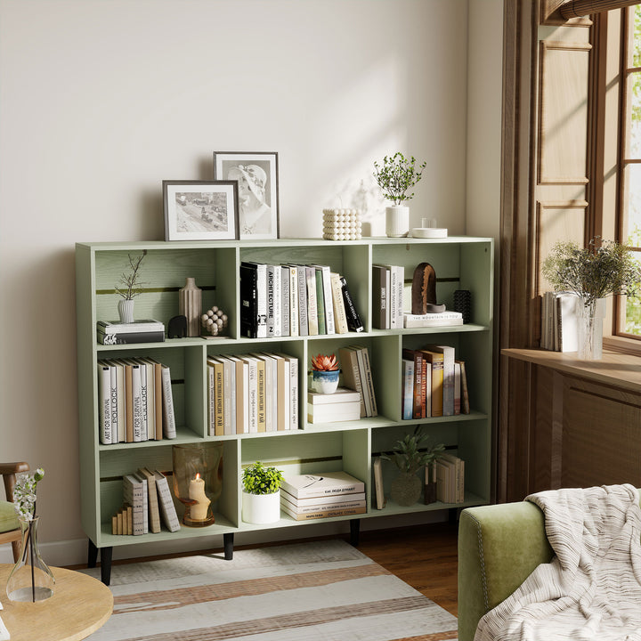 10-Cube Bookcase, 3-Tier Book Shelf with Solid Wood Legs, 140 cm Moder