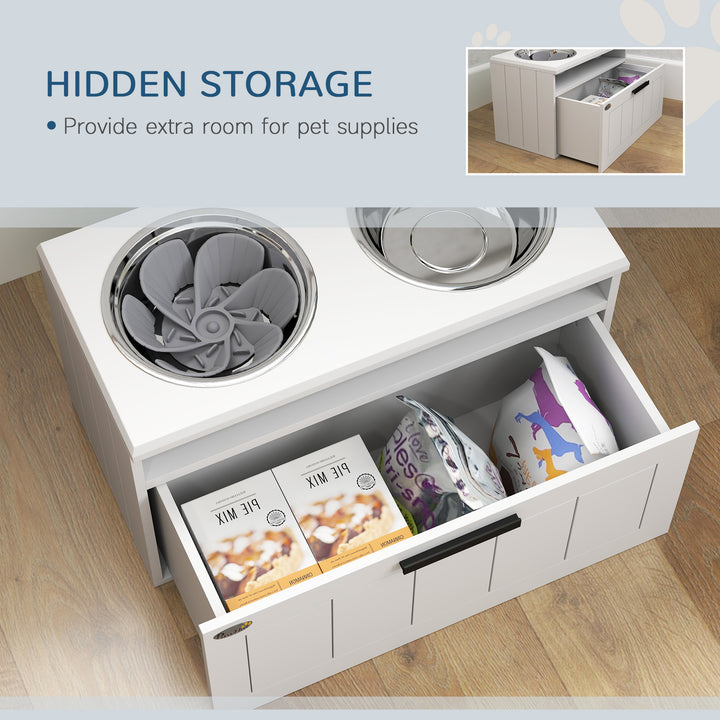 Raised Dog Bowl with Slow Feeder, Two Stainless Steel Dog Bowls, Drawer, for Large and Extra Large Dogs, White