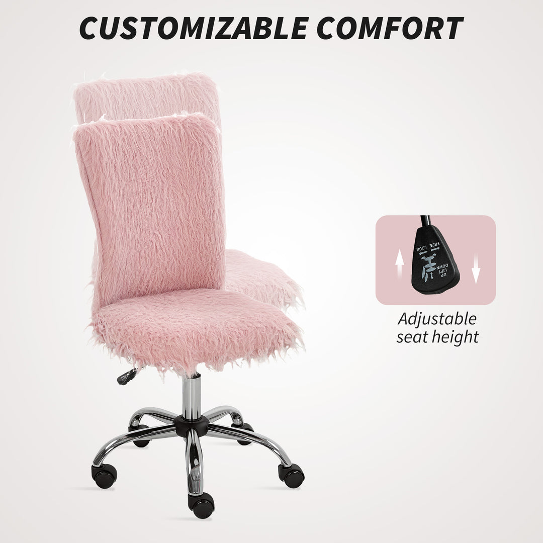 Plush Office Desk Chair, Modern Armless Swivel Vanity Chair with Adjustable Height for Home Office, Bedroom, Living Room, Pink