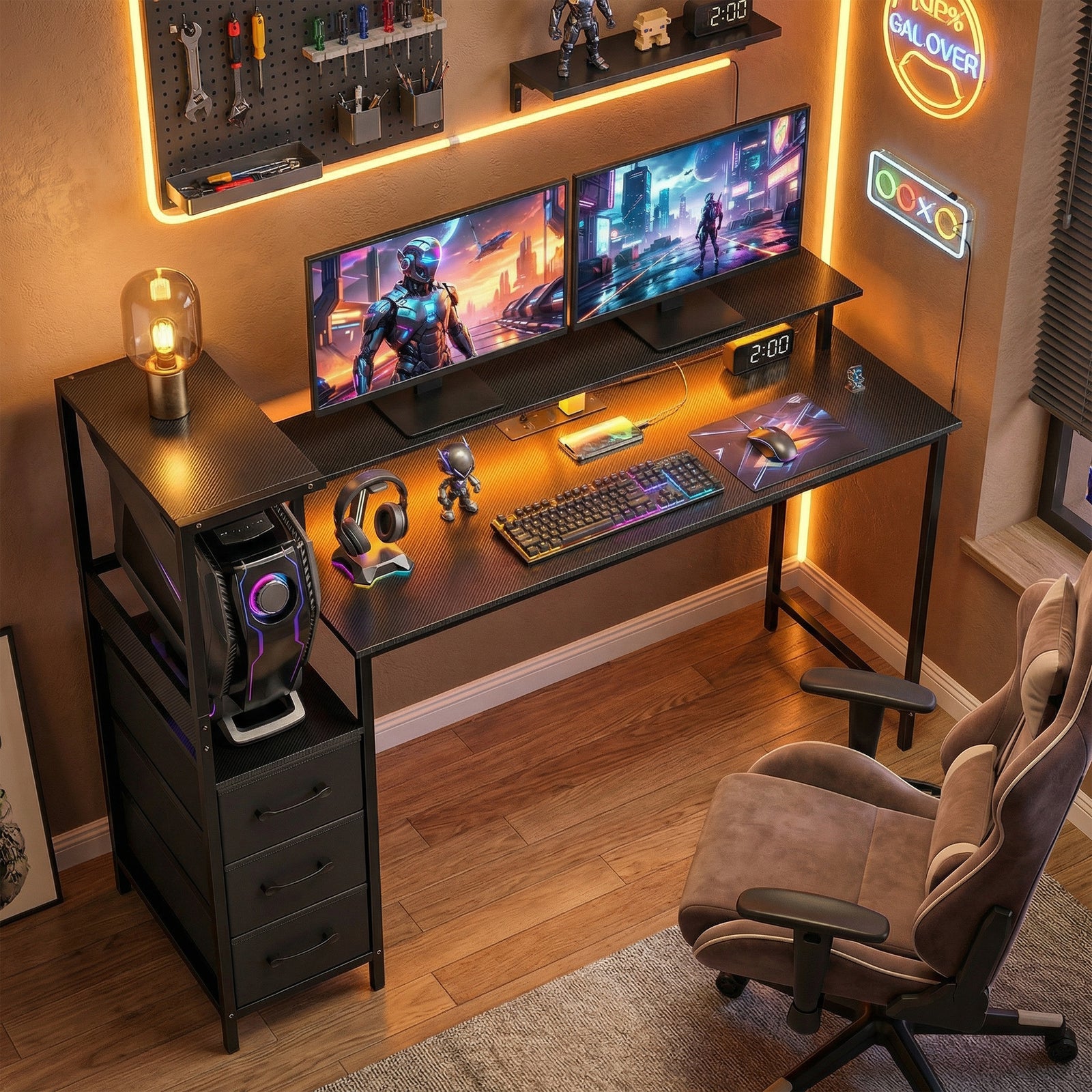 147cm Gaming Desk with Charging Station and Monitor Stand, Computer Ta