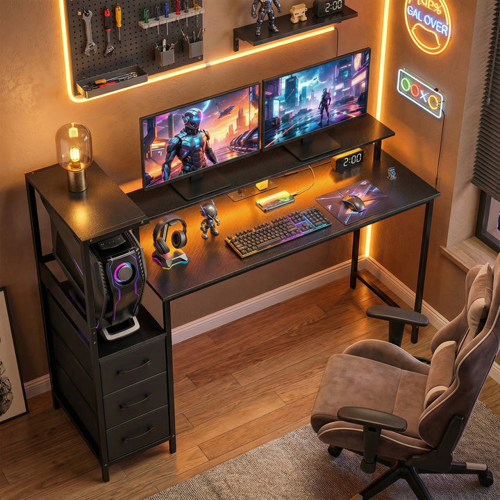 147cm Gaming Desk with Charging Station and Monitor Stand, Computer Ta