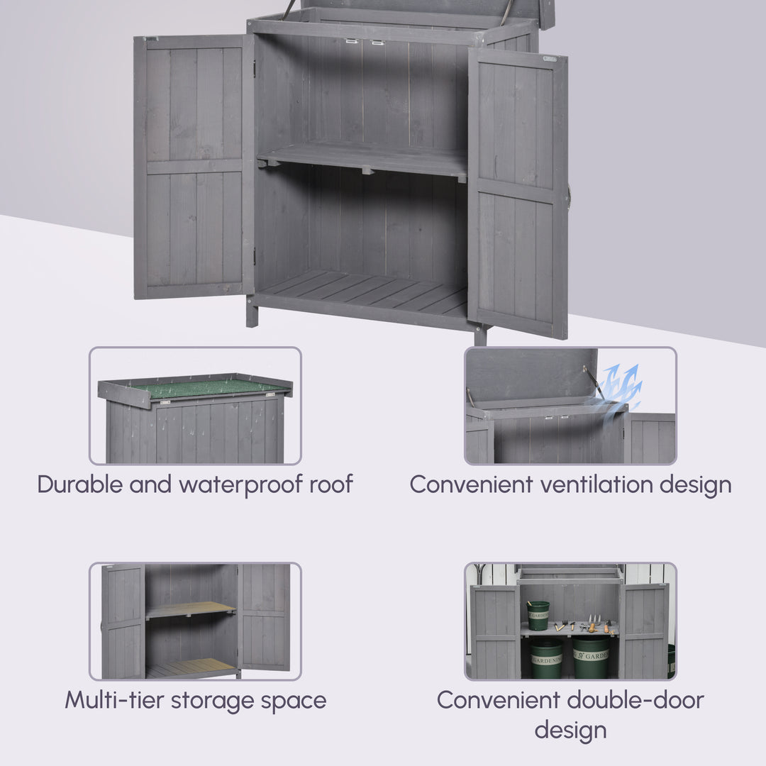 Small Shed, Wooden Garden Shed with Openable Hinged Roof and Removable Shelf, Outdoor Tool Storage Cabinet Chest with Double Doors, 74 x 43 x 88 cm, Grey